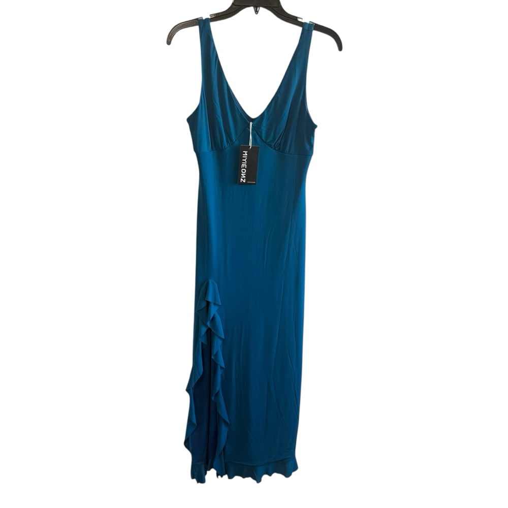 Miyieonz Y2K Whimsigoth Small Teal Blue Babydoll Ruffle Midi Dress Leg Slit